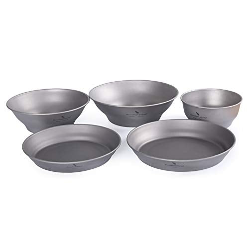 Boundless Voyage Ultralight Titanium Bowl Pan Plate Dish with Carry Bag Outdoor Camping Portable Tableware Cookware (5 Pcs Set (3 Bowls+2 Plates))