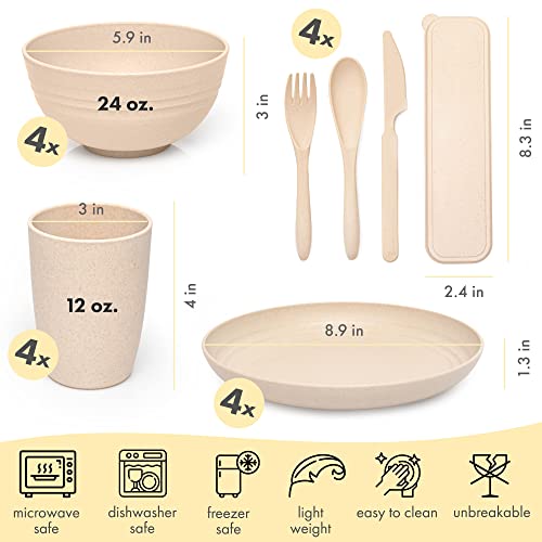 FOODLE Wheat Straw Dinnerware Sets - (28pcs) Lightweight & Unbreakable Dishes - Microwave & Dishwasher Safe - Perfect for Camping, Picnic, RV, Dorm - Plates, Cups and Bowls - Great for Kids - Beige