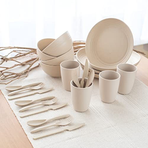 FOODLE Wheat Straw Dinnerware Sets - (28pcs) Lightweight & Unbreakable Dishes - Microwave & Dishwasher Safe - Perfect for Camping, Picnic, RV, Dorm - Plates, Cups and Bowls - Great for Kids - Beige