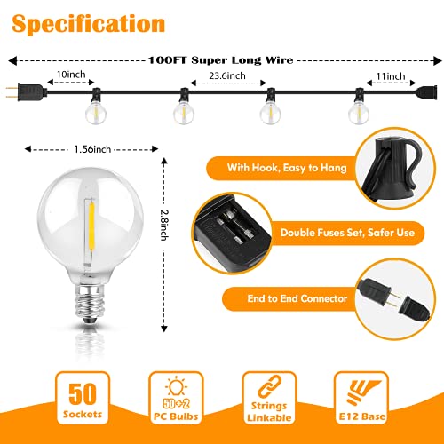 100ft Outdoor G40 LED Globe String Lights Dimmable Waterproof Shatterproof Light Strings with 52 Connectable Bulbs