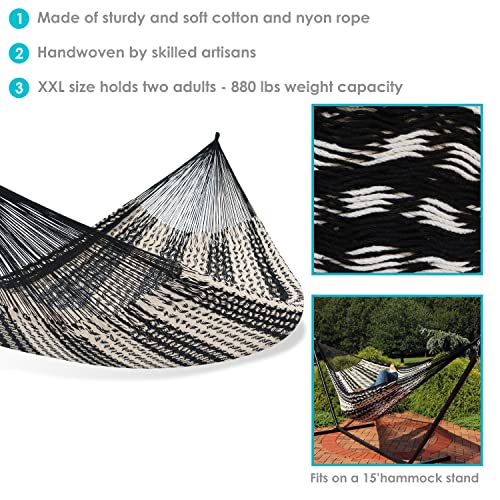 Sunnydaze Mayan Family Hammock Hand-Woven XXL Thick Cord, Heavy Duty 880-Pound Capacity, Black/Natural