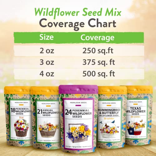 Perennial Wildflower Seed Mix - 90K+ Seeds - Attracts Bees, Birds & Butterflies - 24 Varieties - 3oz Pack - Outdoor Planting