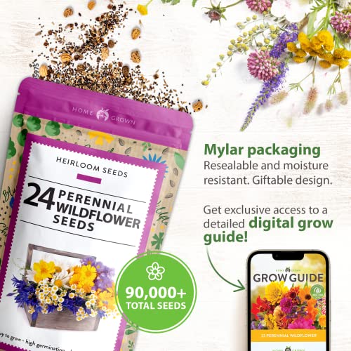 Perennial Wildflower Seed Mix - 90K+ Seeds - Attracts Bees, Birds & Butterflies - 24 Varieties - 3oz Pack - Outdoor Planting