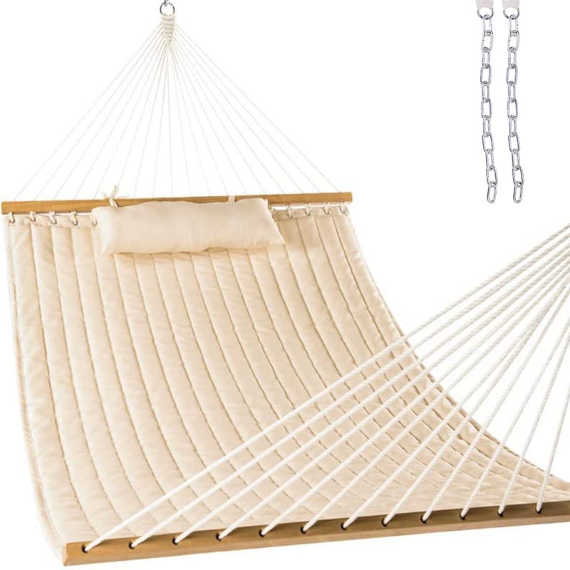 Lazy Daze 12 FT Double Quilted Fabric Hammock with Spreader Bars and Detachable Pillow, 2 Person Hammock for Outdoor Patio Backyard Poolside, 450 LBS Weight Capacity, Dark Cream