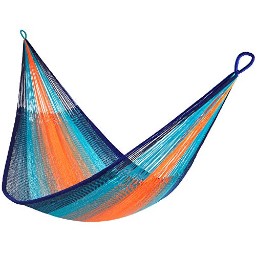 Handwoven Classic Double Hammock, Shareable, Weathersafe Hammocks, Yellow Leaf Hammocks - “Kilauea” Hammock, Orange & Blue, Fits 1-2 People (400 lbs)