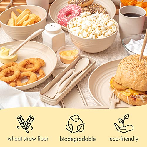 FOODLE Wheat Straw Dinnerware Sets - (28pcs) Lightweight & Unbreakable Dishes - Microwave & Dishwasher Safe - Perfect for Camping, Picnic, RV, Dorm - Plates, Cups and Bowls - Great for Kids - Beige