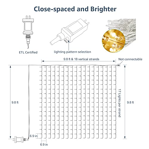 Curtain Fairy Lights Indoor/Outdoor - 306 LEDs, 10x10ft, 18 Strings - Perfect for Patios, Weddings, Bedrooms & More