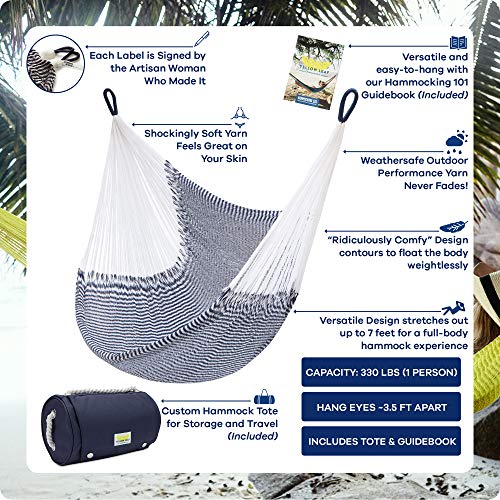 Handwoven Hanging Chair Hammock Swing, Eco-Luxe Weathersafe Hammocks by Yellow Leaf Hammocks, “Vineyard Haven” Hammock, Navy Blue & White, Fits 1 Person (330 lbs)