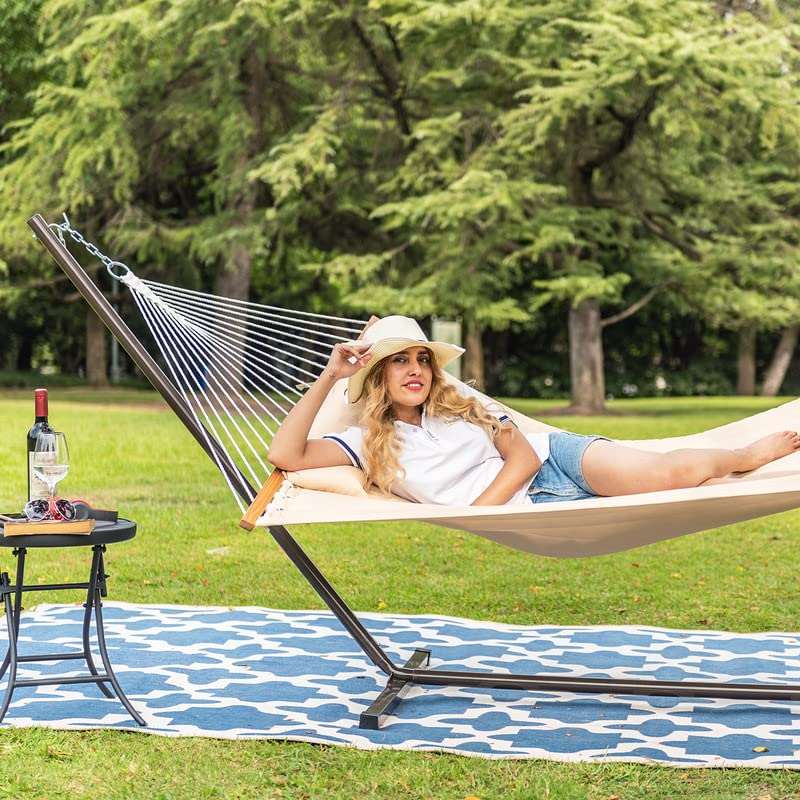 Lazy Daze 12 FT Double Quilted Fabric Hammock with Spreader Bars and Detachable Pillow, 2 Person Hammock for Outdoor Patio Backyard Poolside, 450 LBS Weight Capacity, Dark Cream